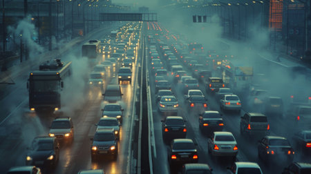 A gridlocked highway with vehicles emitting exhaust fumes, contributing to air pollution and the greenhouse effectの素材