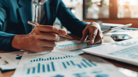 A financial planner reviewing stock market performance with a client while pointing to a stock market graph on a paper reportの素材