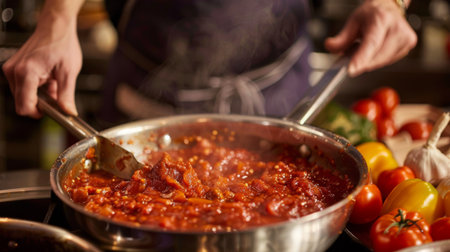 A chef stirring a bubbling pot of tomato sauce on a stovetop, creating a rich and flavorful baseの素材