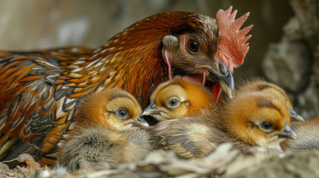 A close-up of a mother hen keeping her chicks warm under her feathers on a chilly dayの素材