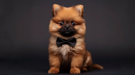 A fluffy Pomeranian puppy wearing a bow tie, sitting obediently and looking adorableの素材