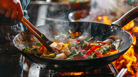 A chef tossing stir-fry vegetables in a wok over high heat, showcasing culinary expertiseの素材