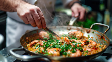 A chef preparing a gourmet seafood dish in a large pan, garnishing with fresh herbsの素材