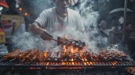 A street food vendor grilling pork spare ribs on a charcoal grill, with smoke billowing and flames licking the meatの素材