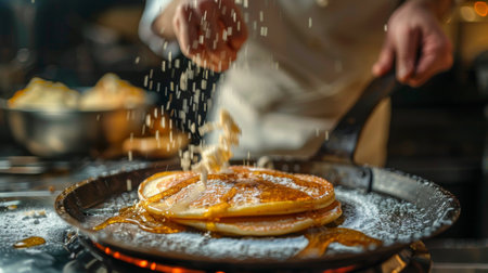 A chef flipping pancakes on a hot griddle pan, creating golden brown perfectionの素材