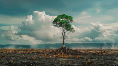A lone tree standing amidst a deforested landscape, symbolizing the destruction of ecosystems and habitats due to global warmingの素材
