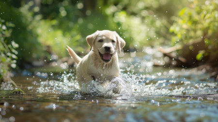 A happy labrador retriever puppy splashing in a shallow stream, enjoying a sunny day outdoorsの素材