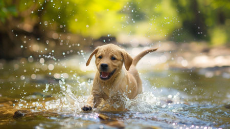 A happy labrador retriever puppy splashing in a shallow stream, enjoying a sunny day outdoorsの素材