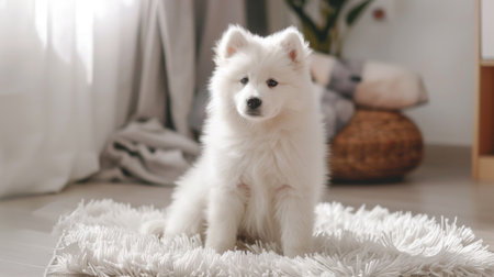 A fluffy Samoyed puppy sitting on a fluffy rug, with a mischievous glint in its eyesの素材