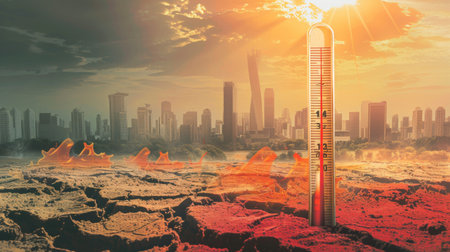 A thermometer showing high temperatures, illustrating the rising global average temperature due to climate changeの素材
