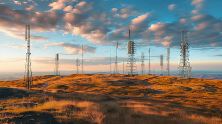 A panoramic view of multiple telephone signal towers dotting the landscape, providing coverage for remote areasの素材
