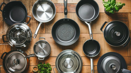 A top-down view of a variety of kitchen pots and pans neatly arranged on a wooden countertopの素材