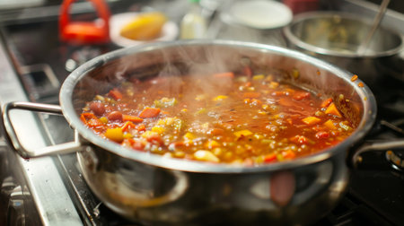 A pot of homemade soup simmering on a stovetop, filling the kitchen with comforting aromasの素材