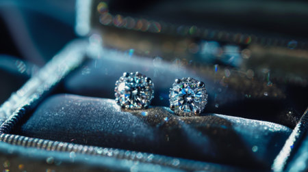 A pair of diamond earrings sparkling in a velvet jewelry box, waiting to adorn their wearerの素材
