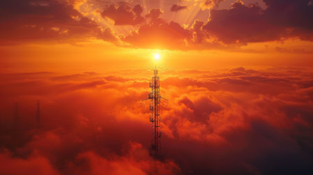 A telephone signal tower at sunrise, symbolizing the dawn of a new day of connectivity and communicationの素材