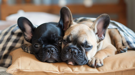 A pair of adorable French bulldog puppies cuddling together on a soft pillowの素材