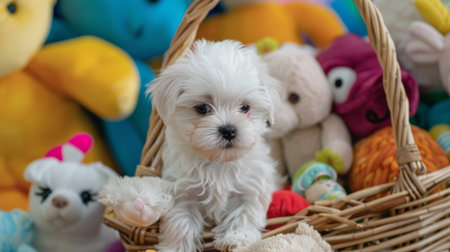 A tiny Maltese puppy sitting in a basket surrounded by plush toys, looking adorable and innocentの素材