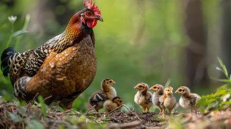 A mother hen keeping watch over her chicks as they peck at the ground for insectsの素材