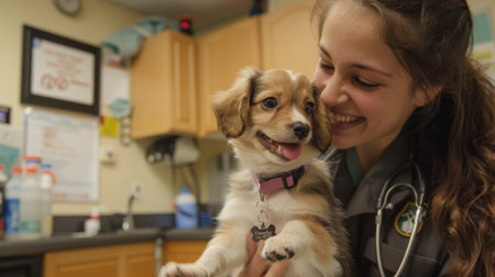A smiling vet playing with a puppy in the waiting room to ease its anxietyの素材