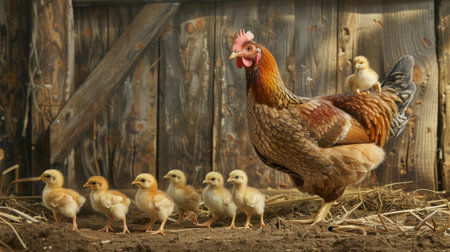 A mother hen leading her chicks in a line as they explore their surroundings in a barnyardの素材