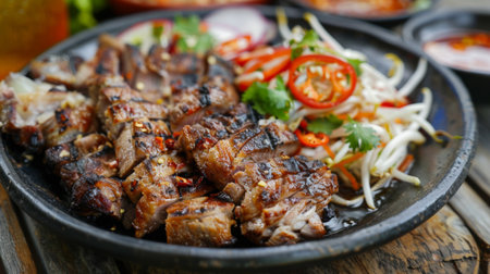 A plate of grilled pork neck served with a side of spicy papaya salad, creating a classic Thai street food combinationの素材