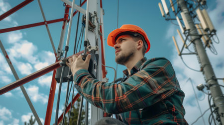 A telecommunications worker adjusting antennas on a telephone signal tower for optimal performanceの素材
