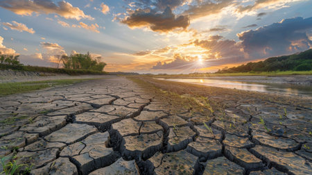 An image of a cracked and parched riverbed, depicting the impact of droughts exacerbated by global warmingの素材