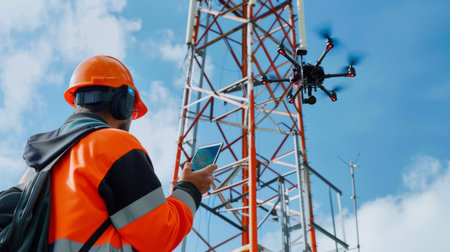 A telecommunications engineer using a drone to inspect a telephone signal tower for maintenanceの素材