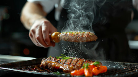 A chef seasoning a sizzling steak on a hot grill pan, creating appetizing grill marksの素材