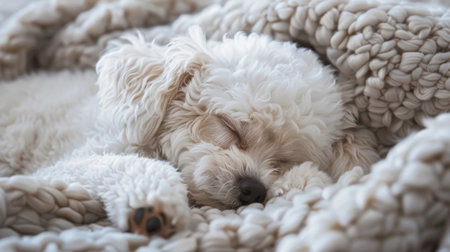 A contented bichon frise puppy curled up in a soft blanket, eyes closed in peaceful sleepの素材