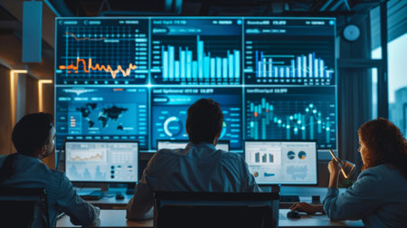 A group of economists analyzing stock market graphs and charts on a large monitor in a research facilityの素材