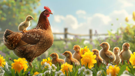 A hen proudly showing off her brood of newly hatched chicks to the other farm animalsの素材