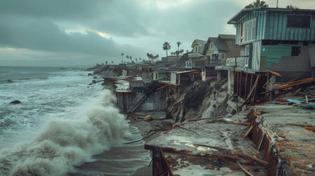 A coastal community facing erosion and land loss due to rising sea levels caused by global warmingの素材