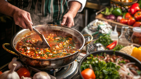 A chef stirring a delicious stew in a large cooking pot, surrounded by fresh ingredientsの素材