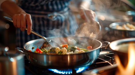 A woman cooking a healthy meal in a stainless steel pot on a gas stove, steam risingの素材