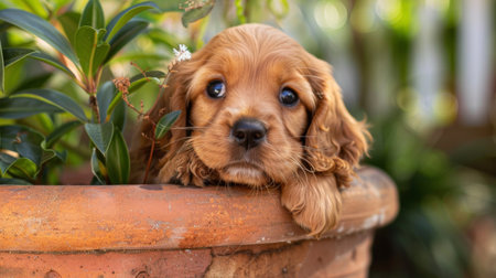A mischievous cocker spaniel puppy peeking out from behind a flower pot, ready to playの素材