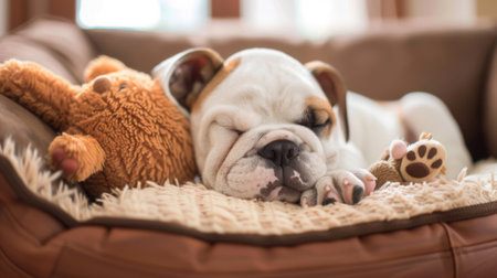 A sleepy bulldog puppy dozing off in a comfy dog bed, paw draped over its favorite toyの素材