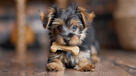 A small Yorkshire terrier puppy posing with a toy bone in its mouth, tail wagging happilyの素材