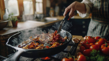A person frying crispy bacon strips in a cast iron skillet, the aroma filling the kitchenの素材