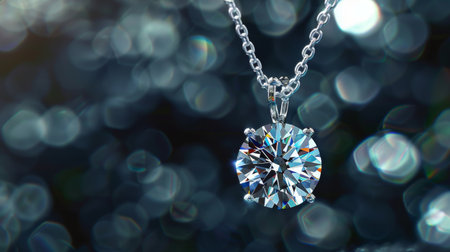 A sparkling diamond pendant hanging from a delicate chain, catching the eye with its radiant glowの素材