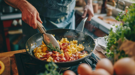 A person preparing a hearty breakfast of scrambled eggs and bacon in a non-stick frying panの素材