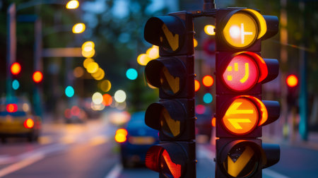 A row of traffic lights at an intersection, with arrows indicating left turn, right turn, and straight ahead directions for drivers.の素材