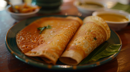 A plate of crispy dosas served with coconut chutney and sambar, set in a traditional South Indian restaurant.の素材