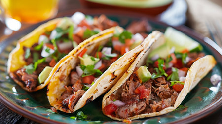 A plate of Mexican tacos with grilled meat, fresh salsa, and avocado, served in a lively taqueria.の素材