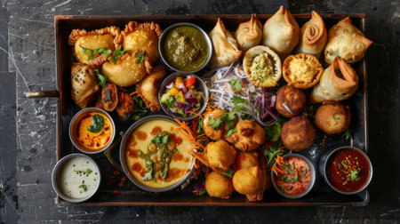 A platter of assorted Indian street food including samosas, pakoras, and chaat, served with chutneys and sauces.の素材