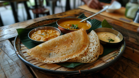 A plate of crispy dosas served with coconut chutney and sambar, set in a traditional South Indian restaurant.の素材
