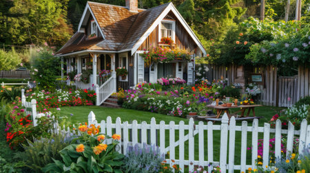 A quaint garden house with a picket fence, flower beds, and a cozy outdoor dining area, surrounded by manicured lawns and colorful blooms.の素材