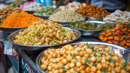 A platter of Indian snacks including pani puri, bhel puri, and sev puri, set in a lively street market setting.の素材