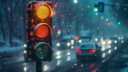 A traffic light illuminated against a backdrop of falling snow, with cars cautiously navigating icy roads during a winter storm.の素材