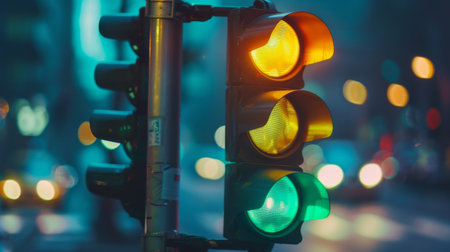 Close-up of a traffic light changing from green to yellow, signaling drivers to slow down and prepare to stop at an intersection.の素材